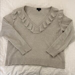 J. Crew Gray Cashmere V-Neck Sweater with Ruffle Detail